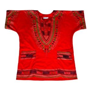 Lapogee  Tunic Women Dashiki SZ Medium Red Green Multicolored Print African‎